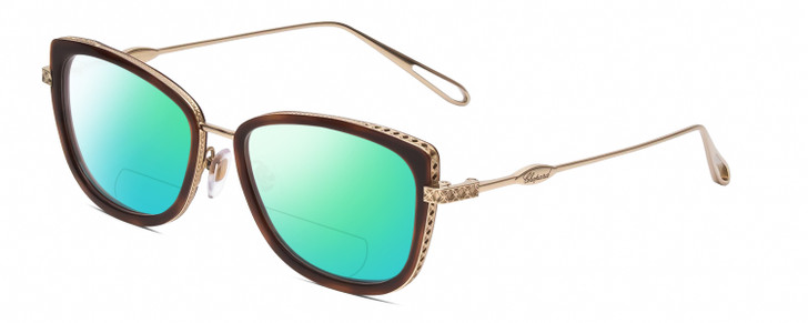 Profile View of Chopard VCH256M Designer Polarized Reading Sunglasses with Custom Cut Powered Green Mirror Lenses in Auburn Brown Tortoise/Gold Ladies Cat Eye Full Rim Metal 53 mm