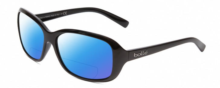 Profile View of Bolle MOLLY Designer Polarized Reading Sunglasses with Custom Cut Powered Blue Mirror Lenses in Shiny Black Unisex Oval Full Rim Acetate 56 mm