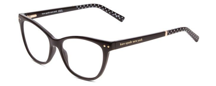 Profile View of Kate Spade JOHNESHA Designer Single Vision Prescription Rx Eyeglasses in Black W/ White Polka Dots Ladies Cat Eye Full Rim Acetate 52 mm