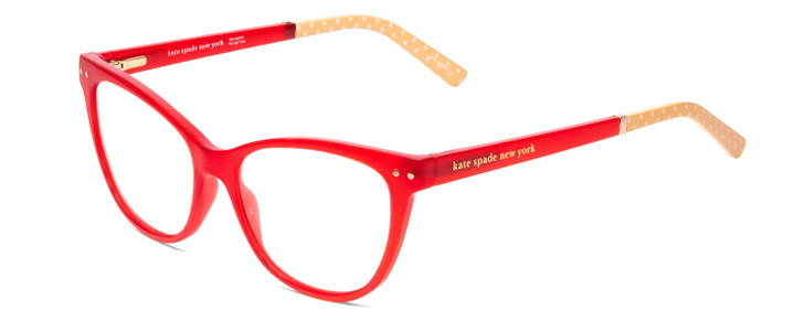 Profile View of Kate Spade JOHNESHA Designer Single Vision Prescription Rx Eyeglasses in Red Crystal & Peach W/ White Polka Dots Ladies Cat Eye Full Rim Acetate 52 mm