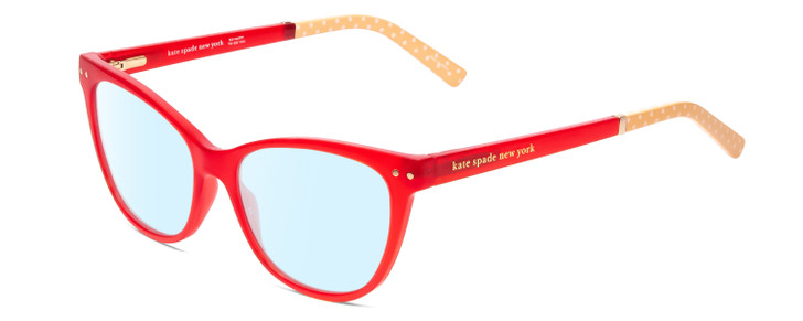 Profile View of Kate Spade JOHNESHA Designer Blue Light Blocking Eyeglasses in Red Crystal & Peach W/ White Polka Dots Ladies Cat Eye Full Rim Acetate 52 mm