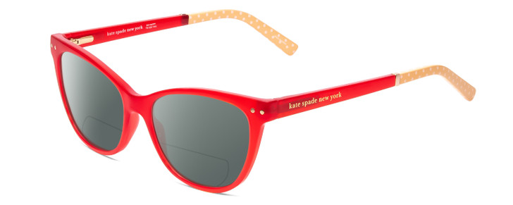 Profile View of Kate Spade JOHNESHA Designer Polarized Reading Sunglasses with Custom Cut Powered Smoke Grey Lenses in Red Crystal & Peach W/ White Polka Dots Ladies Cat Eye Full Rim Acetate 52 mm