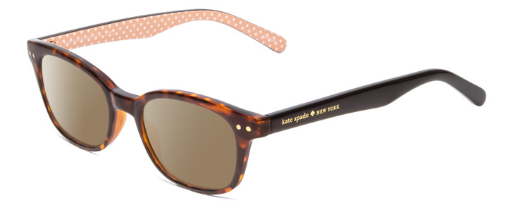 Profile View of Kate Spade REBECCA 2 Designer Polarized Sunglasses with Custom Cut Amber Brown Lenses in Tortoise Havana & Peach W/ White Polka Dots Ladies Cat Eye Full Rim Acetate 49 mm