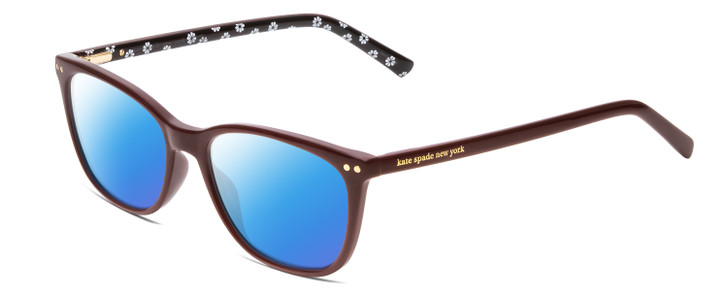 Profile View of Kate Spade TINLEE Designer Polarized Sunglasses with Custom Cut Blue Mirror Lenses in Deep Burgundy W/ Black & White Floral Ladies Cat Eye Full Rim Acetate 52 mm