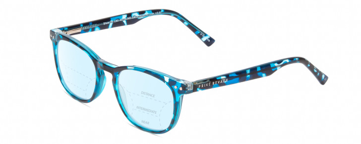 Profile View of Prive Revaux Show Off Single Designer Progressive Lens Blue Light Blocking Eyeglasses in Blue Tortoise Havana Ladies Round Full Rim Acetate 48 mm