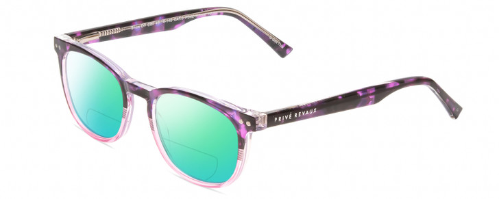 Profile View of Prive Revaux Show Off Single Designer Polarized Reading Sunglasses with Custom Cut Powered Green Mirror Lenses in Black Purple Tortoise Blush Pink Crystal Fade Ladies Round Full Rim Acetate 48 mm