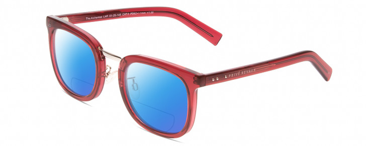 Profile View of Prive Revaux Alchemist Designer Polarized Reading Sunglasses with Custom Cut Powered Blue Mirror Lenses in Crystal Merlot Red Unisex Square Full Rim Acetate 50 mm