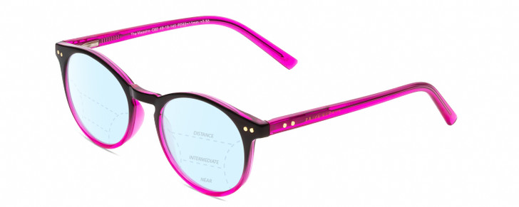 Profile View of Prive Revaux Maestro Designer Progressive Lens Blue Light Blocking Eyeglasses in Black Magenta Pink Crystal Fade Ladies Round Full Rim Acetate 48 mm