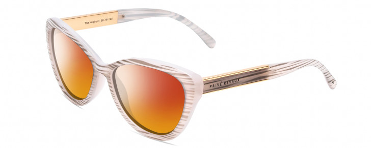 Profile View of Prive Revaux Hepburn 2.0 Designer Polarized Sunglasses with Custom Cut Red Mirror Lenses in Splash White Grey Marble/Gold Ladies Cateye Full Rim Acetate 56 mm