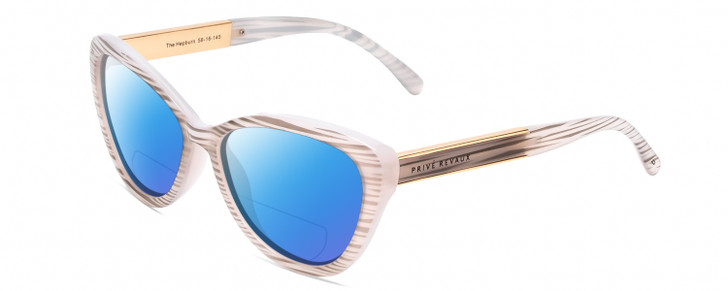 Profile View of Prive Revaux Hepburn 2.0 Designer Polarized Reading Sunglasses with Custom Cut Powered Blue Mirror Lenses in Splash White Grey Marble/Gold Ladies Cateye Full Rim Acetate 56 mm