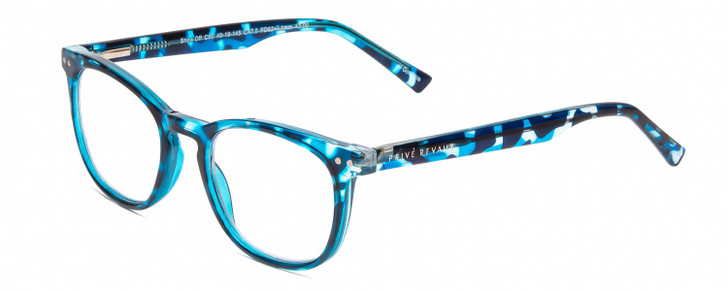 Profile View of Prive Revaux Show Off Single Designer Reading Eye Glasses with Custom Cut Powered Lenses in Blue Tortoise Crystal Havana Ladies Round Full Rim Acetate 48 mm