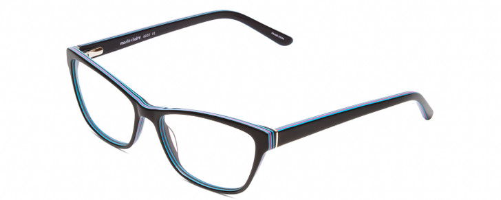 Profile View of Marie Claire MC6223 Designer Single Vision Prescription Rx Eyeglasses in Gloss Black Sky Blue Pink Layer Ladies Cat Eye Full Rim Acetate 54 mm