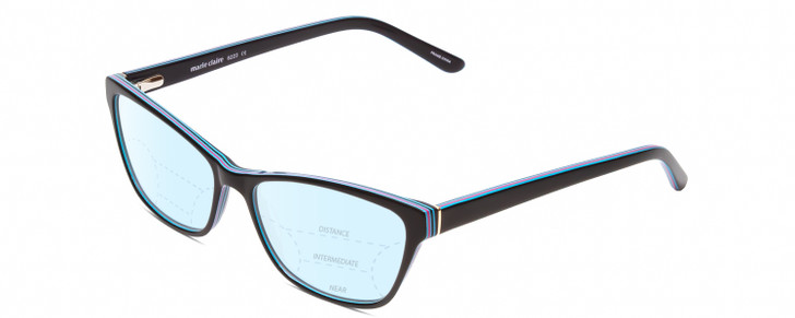 Profile View of Marie Claire MC6223 Designer Progressive Lens Blue Light Blocking Eyeglasses in Gloss Black Sky Blue Pink Layer Ladies Cat Eye Full Rim Acetate 54 mm