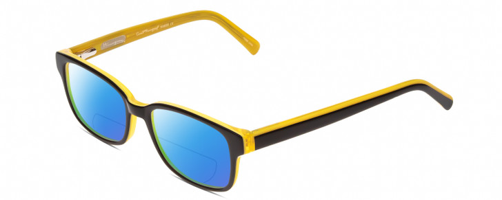 Profile View of Ernest Hemingway H4689 Designer Polarized Reading Sunglasses with Custom Cut Powered Blue Mirror Lenses in Black Yellow Mens Rectangular Full Rim Acetate 49 mm