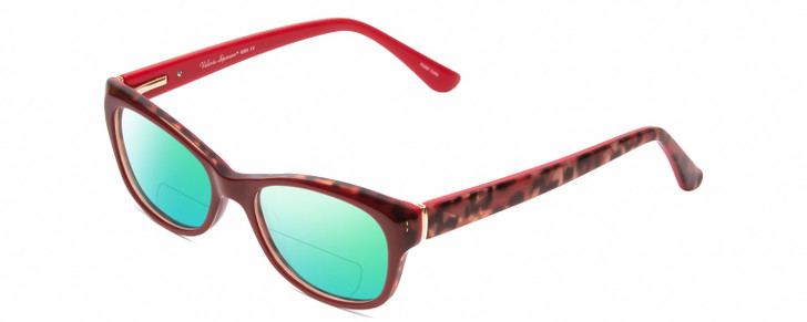 Profile View of Valerie Spencer VS9290 Designer Polarized Reading Sunglasses with Custom Cut Powered Green Mirror Lenses in Red Leopard Animal Print Ladies Cat Eye Full Rim Acetate 48 mm