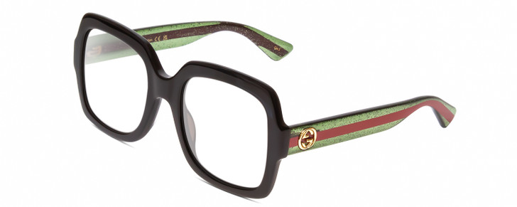 Profile View of Gucci GG0036SN Designer Reading Eye Glasses in Black Green Red Gold Logo Ladies Square Full Rim Acetate 54 mm