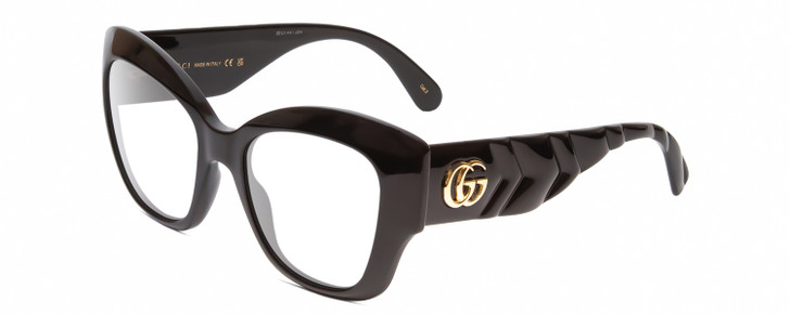 Profile View of Gucci GG0808S Designer Reading Eye Glasses with Custom Cut Powered Lenses in Black Ribbed Chevron Gold Logo Ladies Cat Eye Full Rim Acetate 53 mm