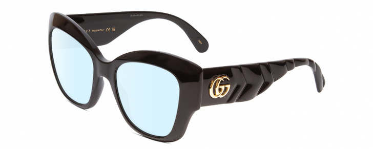 Profile View of Gucci GG0808S Designer Blue Light Blocking Eyeglasses in Black Ribbed Chevron Gold Logo Ladies Cat Eye Full Rim Acetate 53 mm