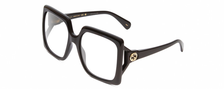 Profile View of Gucci GG0876S Designer Reading Eye Glasses with Custom Cut Powered Lenses in Gloss Black Gold Logo Ladies Square Full Rim Acetate 60 mm