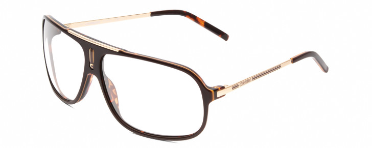 Profile View of Carrera COOL Designer Single Vision Prescription Rx Eyeglasses in Tortoise Havana Gold Brown Unisex Pilot Full Rim Acetate 65 mm