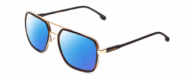 Profile View of Carrera 256/S Designer Polarized Reading Sunglasses with Custom Cut Powered Blue Mirror Lenses in Gold Havana Tortoise Unisex Pilot Full Rim Metal 58 mm