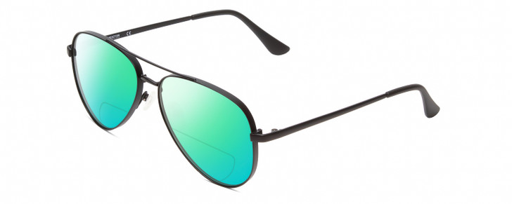 Profile View of Kenneth Cole Reaction KC2829 Designer Polarized Reading Sunglasses with Custom Cut Powered Green Mirror Lenses in Satin Black Unisex Pilot Full Rim Metal 58 mm