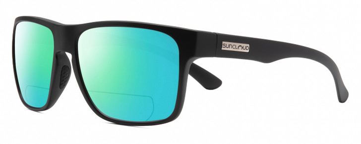 Profile View of Suncloud Rambler Designer Polarized Reading Sunglasses with Custom Cut Powered Green Mirror Lenses in Matte Black Mens Square Full Rim Acetate 57 mm