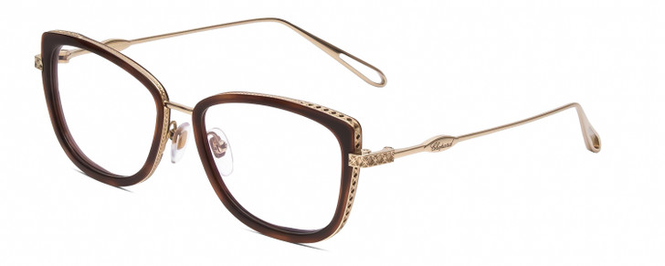 Profile View of Chopard VCH256M Designer Reading Eye Glasses with Custom Cut Powered Lenses in Auburn Brown Tortoise/Gold Ladies Cat Eye Full Rim Metal 53 mm