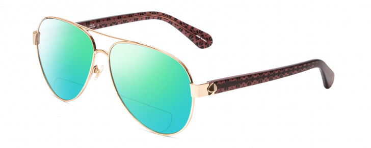 Profile View of Kate Spade GENEVA Designer Polarized Reading Sunglasses with Custom Cut Powered Green Mirror Lenses in Gold Pink Crystal Black Floral Ladies Pilot Full Rim Metal 59 mm