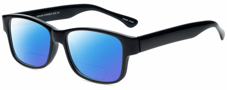 Profile View of 2000 and Beyond 3079 Designer Polarized Reading Sunglasses with Custom Cut Powered Blue Mirror Lenses in Gloss Black Unisex Square Full Rim Acetate 60 mm