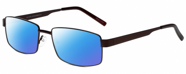 Profile View of Gotham Style 13 Designer Polarized Sunglasses with Custom Cut Blue Mirror Lenses in Brown Mens Rectangular Full Rim Metal 58 mm