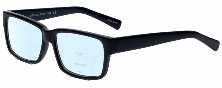 Profile View of Gotham Style 204 Designer Progressive Lens Blue Light Blocking Eyeglasses in Black Unisex Rectangular Full Rim Acetate 56 mm