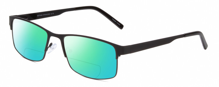 Profile View of Gotham Premium Stainless Steel 12 Designer Polarized Reading Sunglasses with Custom Cut Powered Green Mirror Lenses in Gunmetal Silver Unisex Rectangular Semi-Rimless Metal 58 mm