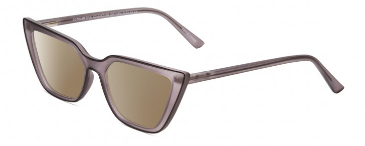 Profile View of Gotham Flex 84 Designer Polarized Sunglasses with Custom Cut Amber Brown Lenses in Smoke Grey Matte Black Ladies Triangular Full Rim Acetate 49 mm