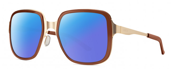 Profile View of Smith Optics Aveline Designer Polarized Sunglasses with Custom Cut Blue Mirror Lenses in Amber Brown Unisex Square Full Rim Stainless Steel 55 mm