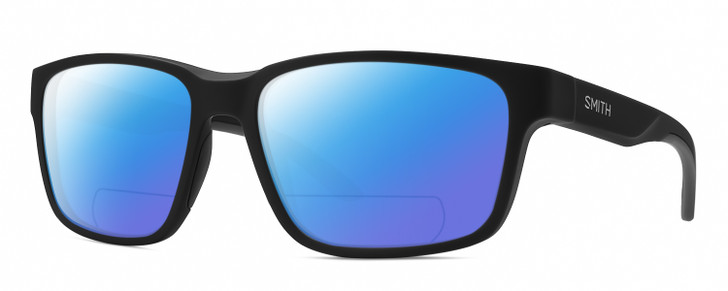 Profile View of Smith Optics Basecamp Designer Polarized Reading Sunglasses with Custom Cut Powered Blue Mirror Lenses in Matte Black Unisex Square Full Rim Acetate 58 mm