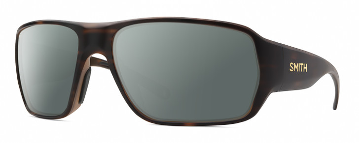 Profile View of Smith Optics Castaway Designer Polarized Sunglasses with Custom Cut Smoke Grey Lenses in Matte Tortoise Havana Brown Gold Unisex Wrap Full Rim Acetate 63 mm