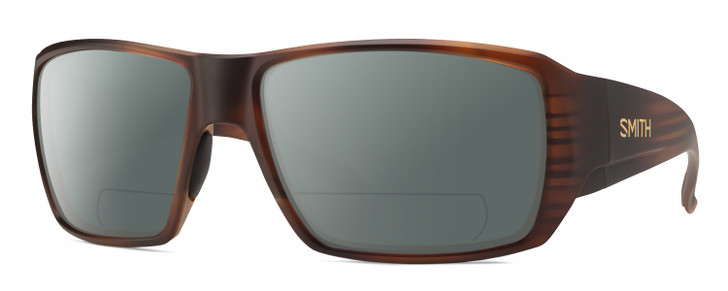 Profile View of Smith Optics Guides Choice S Designer Polarized Reading Sunglasses with Custom Cut Powered Smoke Grey Lenses in Matte Tortoise Havana Brown Gold Unisex Rectangle Full Rim Acetate 58 mm