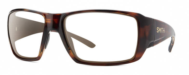 Profile View of Smith Optics Guides Choice XL Designer Single Vision Prescription Rx Eyeglasses in Tortoise Havana Brown Gold Unisex Rectangle Full Rim Acetate 63 mm