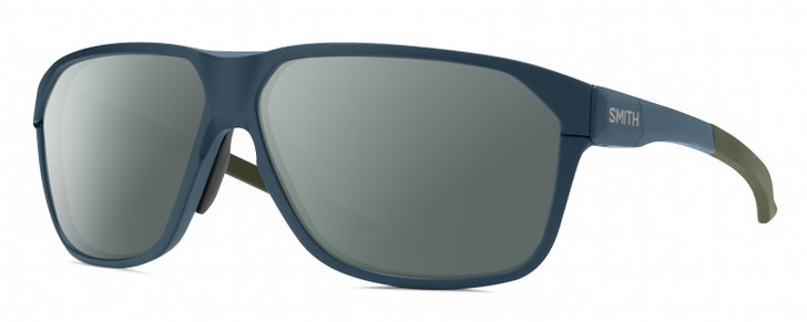 Profile View of Smith Optics Leadout Pivlock Designer Polarized Sunglasses with Custom Cut Smoke Grey Lenses in Matte Stone/Moss Green Blue Grey Unisex Square Full Rim Acetate 63 mm