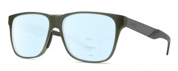 Profile View of Smith Optics Lowdown Steel Designer Progressive Lens Blue Light Blocking Eyeglasses in Matte Moss Crystal Green/Gunmetal Unisex Classic Full Rim Acetate 56 mm