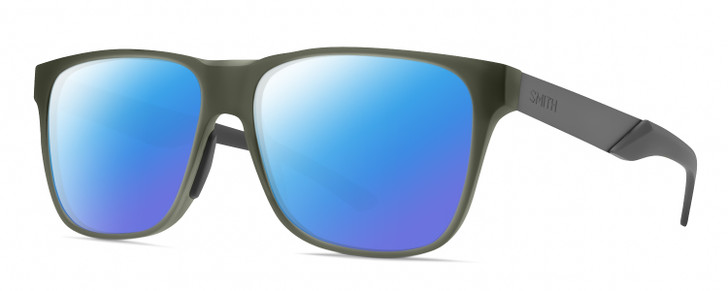 Profile View of Smith Optics Lowdown Steel Designer Polarized Sunglasses with Custom Cut Blue Mirror Lenses in Matte Moss Crystal Green/Gunmetal Unisex Classic Full Rim Acetate 56 mm