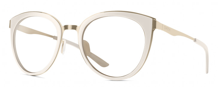 Profile View of Smith Optics Somerset Designer Reading Eye Glasses with Custom Cut Powered Lenses in White Gold Ladies Cateye Full Rim Stainless Steel 53 mm