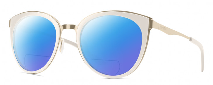 Profile View of Smith Optics Somerset Designer Polarized Reading Sunglasses with Custom Cut Powered Blue Mirror Lenses in White Gold Ladies Cateye Full Rim Stainless Steel 53 mm