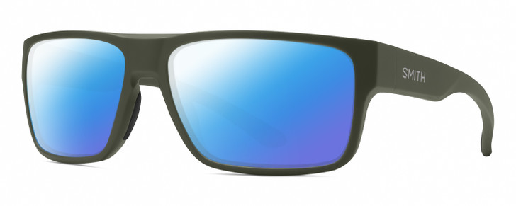 Profile View of Smith Optics Soundtrack Designer Polarized Sunglasses with Custom Cut Blue Mirror Lenses in Matte Moss Green Unisex Rectangle Full Rim Acetate 61 mm