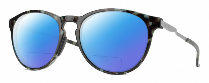 Profile View of Smith Optics Wander Designer Polarized Reading Sunglasses with Custom Cut Powered Blue Mirror Lenses in Sky Tortoise Havana Blue Black Marble Unisex Round Full Rim Acetate 55 mm