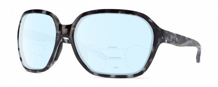 Profile View of Smith Optics Whitney Designer Progressive Lens Blue Light Blocking Eyeglasses in Sky Tortoise Havana Blue Black Marble Ladies Oversized Full Rim Acetate 61 mm