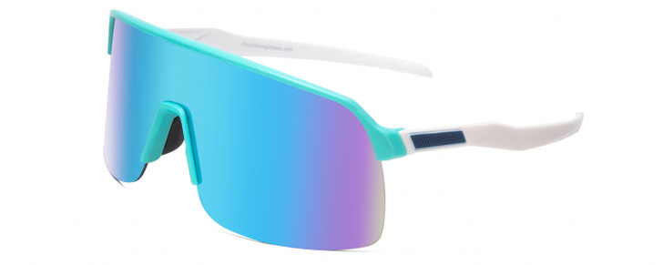 Profile View of Coyote Rattler Unisex Shield Designer Sunglasses in Teal White/Blue Mirror 70 mm