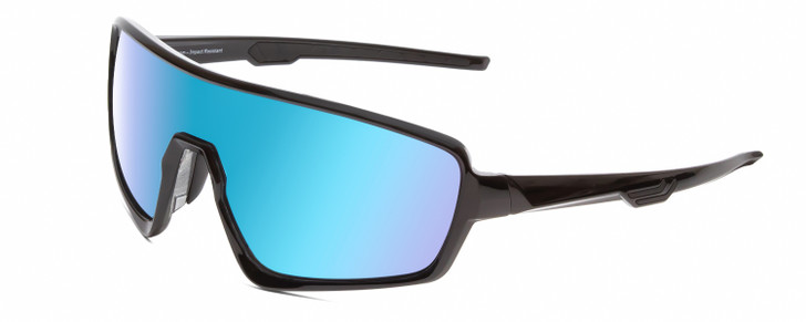 Profile View of Coyote Kaos Unisex Sports Shield Designer Sunglasses Black/Ice Blue Mirror 65 mm