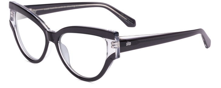Profile View of SITO SHADES ALLNIGHTER Designer Single Vision Prescription Rx Eyeglasses in Black Clear Crystal Ladies Cat Eye Full Rim Acetate 56 mm
